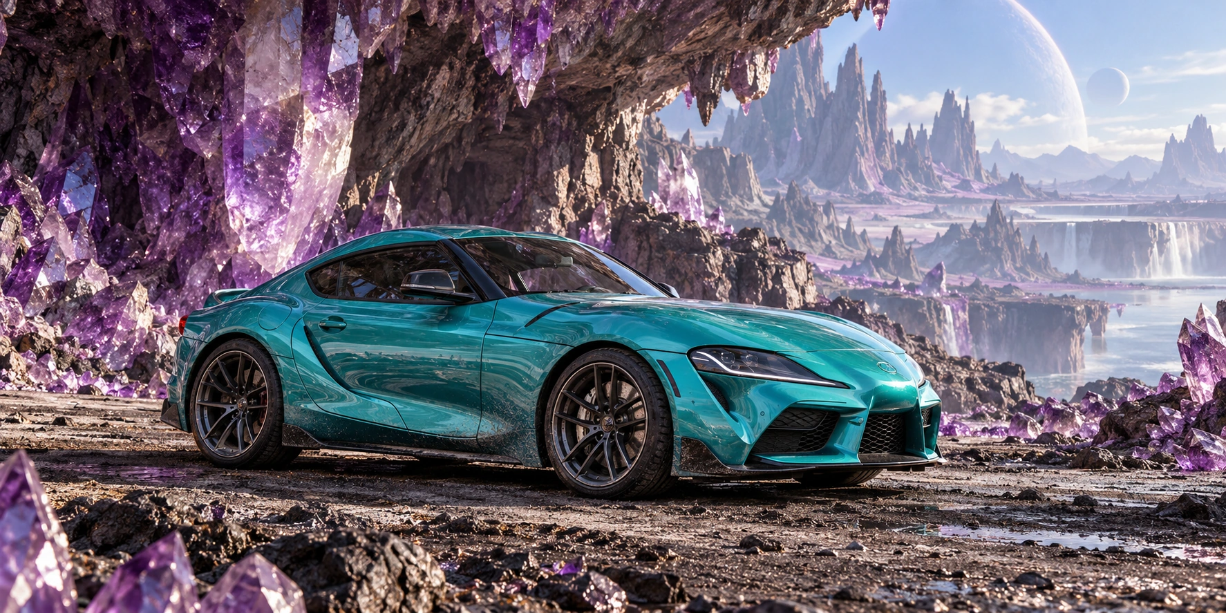 AI-generated turquoise performance coupe photographed in the imagined amethyst crystal landscape of Amethyst Reach.