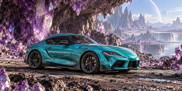 AI-generated turquoise performance coupe photographed in the imagined amethyst crystal landscape of Amethyst Reach.