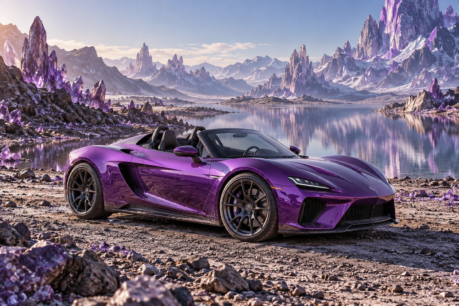 AI-generated violet open-top roadster photographed in the imagined amethyst crystal landscape of Amethyst Reach.