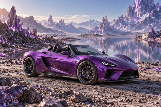 AI-generated violet open-top roadster photographed in the imagined amethyst crystal landscape of Amethyst Reach.