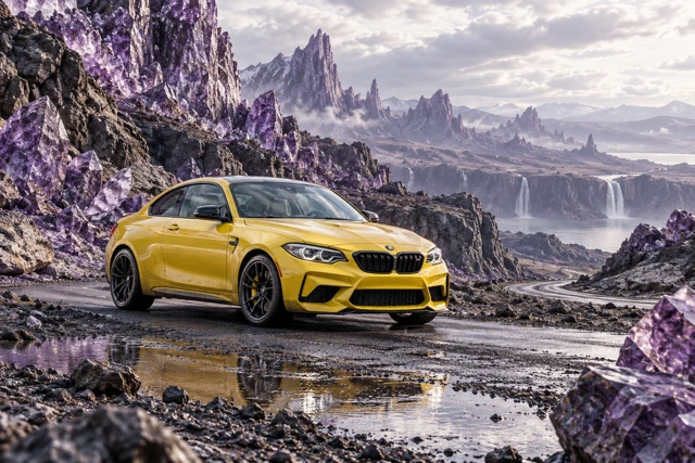 AI-generated yellow performance coupe photographed in the imagined amethyst crystal landscape of Amethyst Reach.