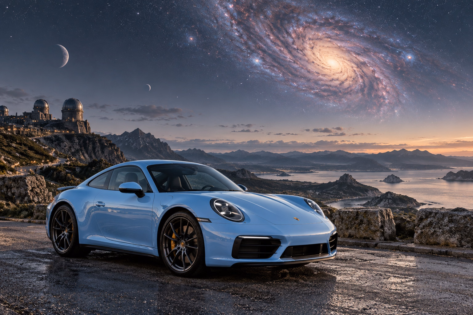 AI-generated baby blue sports coupe in Andara. A distant galaxy remains visible through the thin atmosphere.