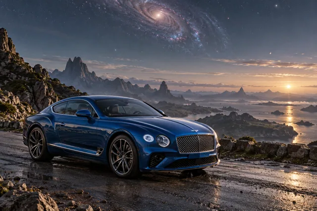 AI-generated blue grand touring coupe in Andara. A distant galaxy remains visible through the thin atmosphere.