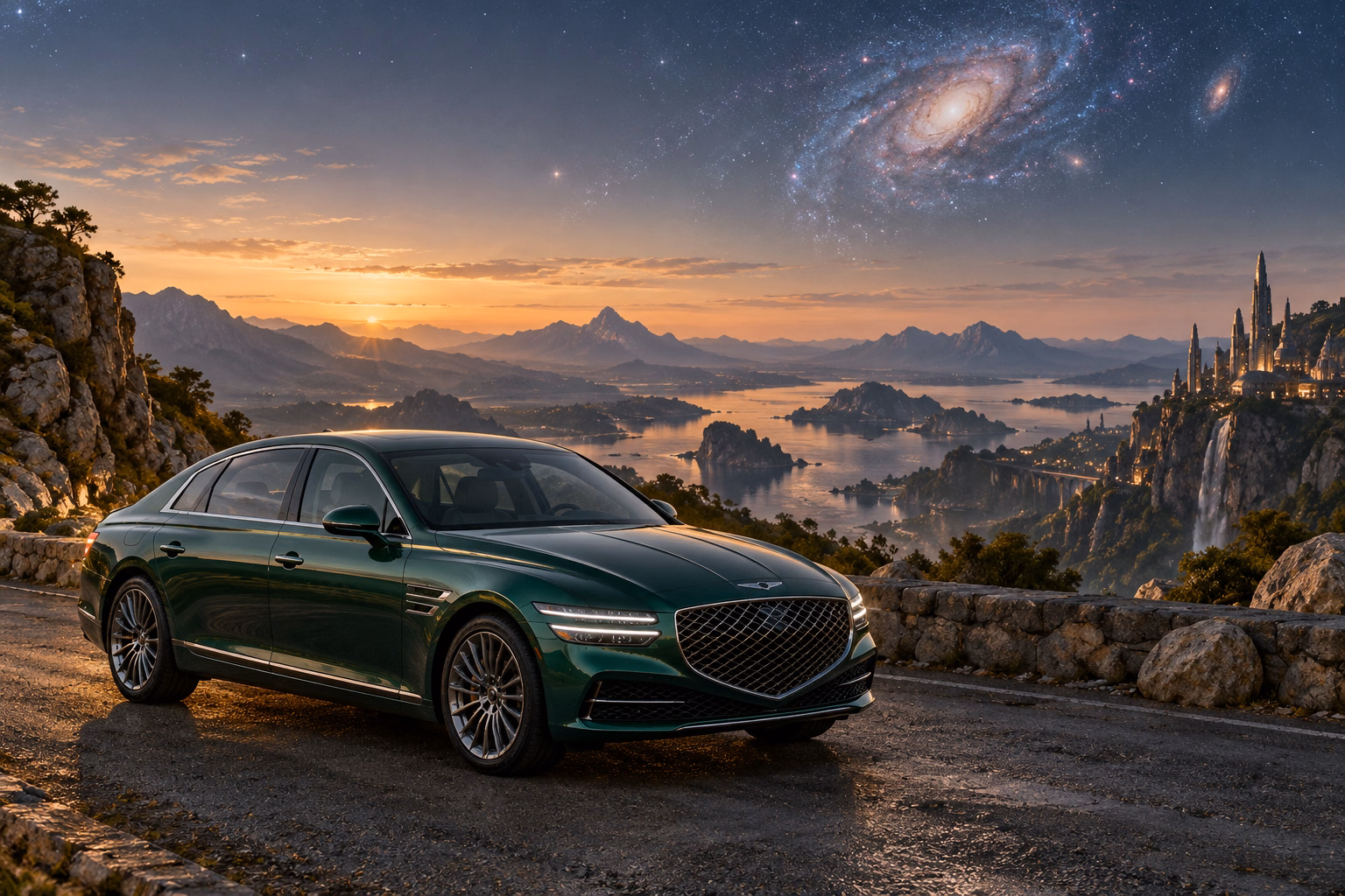 AI-generated green luxury sedan in Andara. A distant galaxy remains visible through the thin atmosphere.