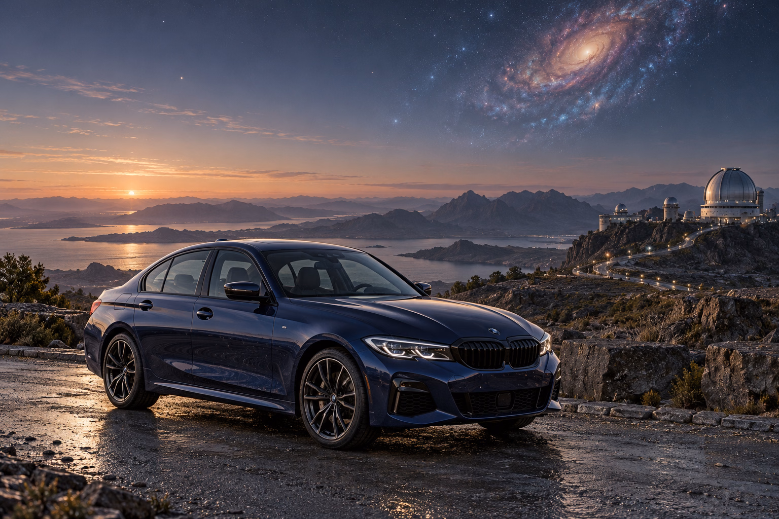 AI-generated indigo sports sedan in Andara. A distant galaxy remains visible through the thin atmosphere.