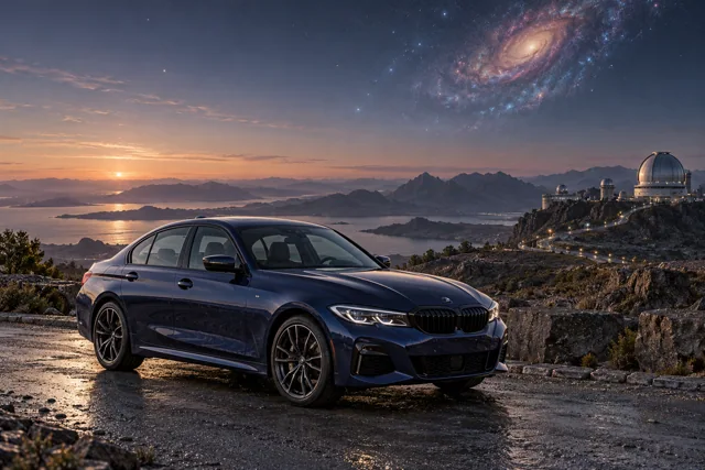 AI-generated indigo sports sedan in Andara. A distant galaxy remains visible through the thin atmosphere.