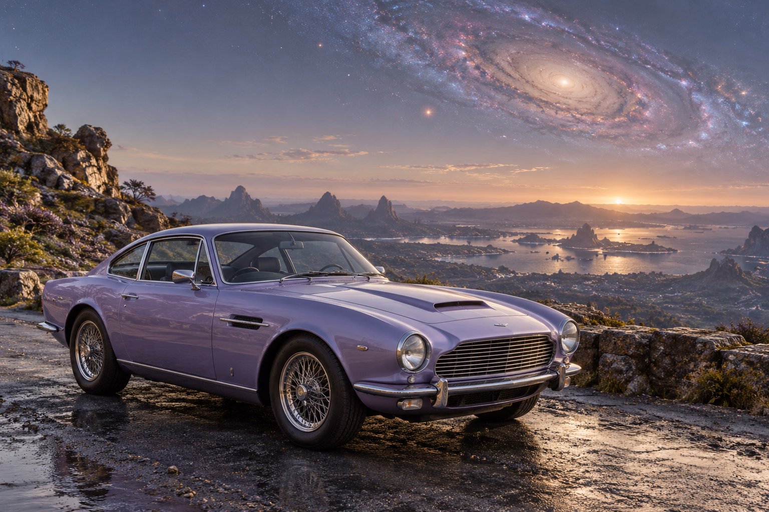 AI-generated lavender classic luxury coupe in Andara. A distant galaxy remains visible through the thin atmosphere.