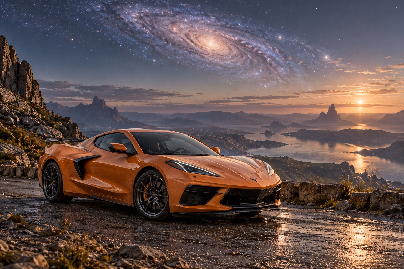 AI-generated orange mid-engine sports coupe in Andara. A distant galaxy remains visible through the thin atmosphere.