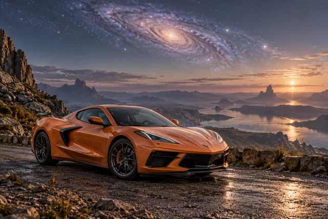 AI-generated orange mid-engine sports coupe in Andara. A distant galaxy remains visible through the thin atmosphere.