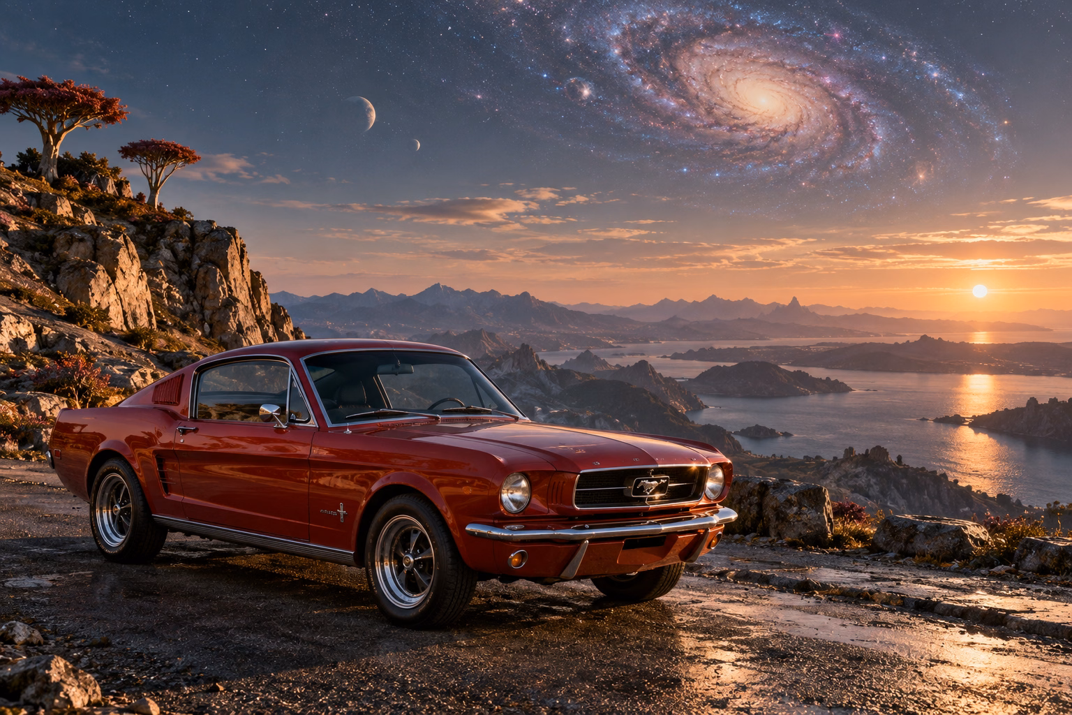 AI-generated red classic fastback in Andara. A distant galaxy remains visible through the thin atmosphere.