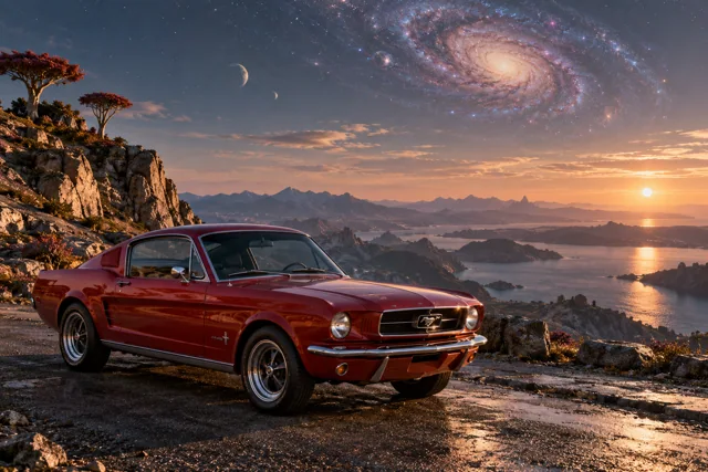 AI-generated red classic fastback in Andara. A distant galaxy remains visible through the thin atmosphere.