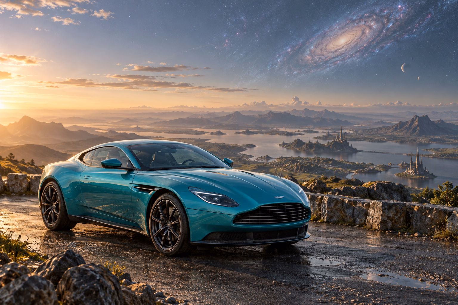 AI-generated turquoise performance touring coupe in Andara. A distant galaxy remains visible through the thin atmosphere.
