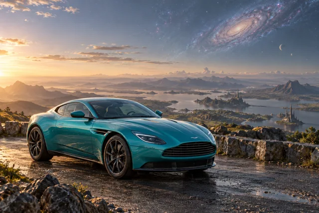 AI-generated turquoise performance touring coupe in Andara. A distant galaxy remains visible through the thin atmosphere.