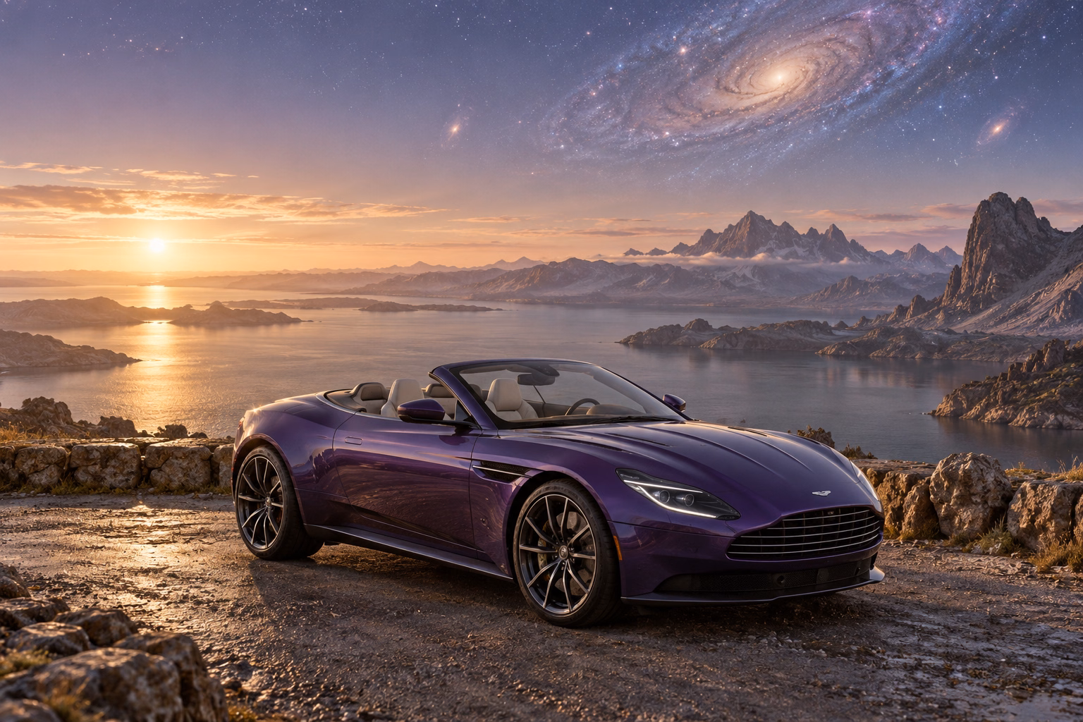 AI-generated violet open-top roadster in Andara. A distant galaxy remains visible through the thin atmosphere.