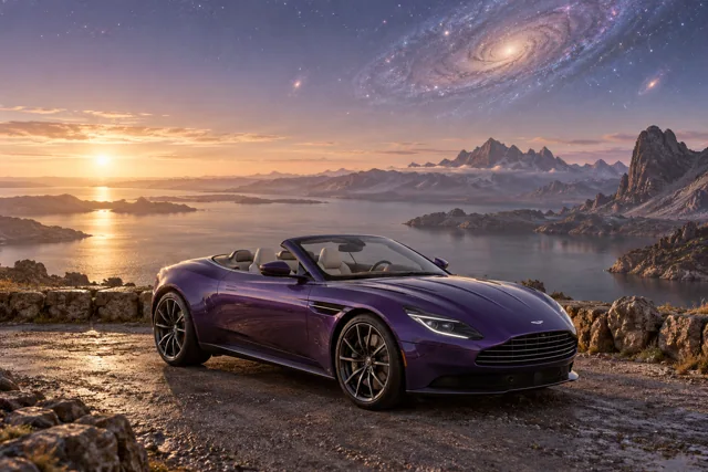 AI-generated violet open-top roadster in Andara. A distant galaxy remains visible through the thin atmosphere.