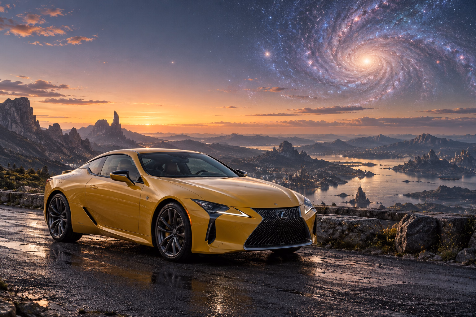 AI-generated yellow performance coupe in Andara. A distant galaxy remains visible through the thin atmosphere.