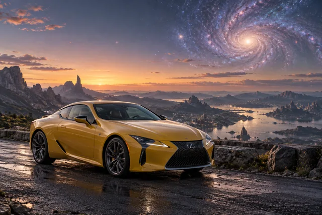 AI-generated yellow performance coupe in Andara. A distant galaxy remains visible through the thin atmosphere.