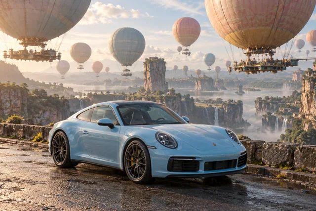 AI-generated baby blue sports coupe in Balloonia. Enormous balloons float quietly above an impossible landscape.