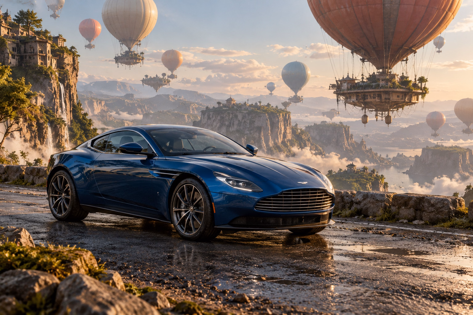 AI-generated blue grand touring coupe in Balloonia. Enormous balloons float quietly above an impossible landscape.