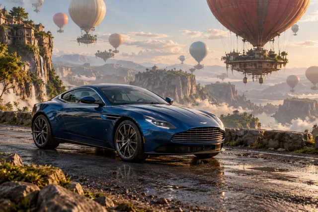 AI-generated blue grand touring coupe in Balloonia. Enormous balloons float quietly above an impossible landscape.