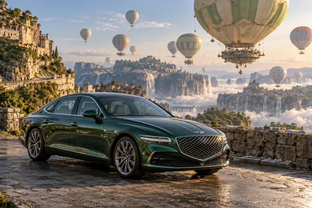 AI-generated green luxury sedan in Balloonia. Enormous balloons float quietly above an impossible landscape.