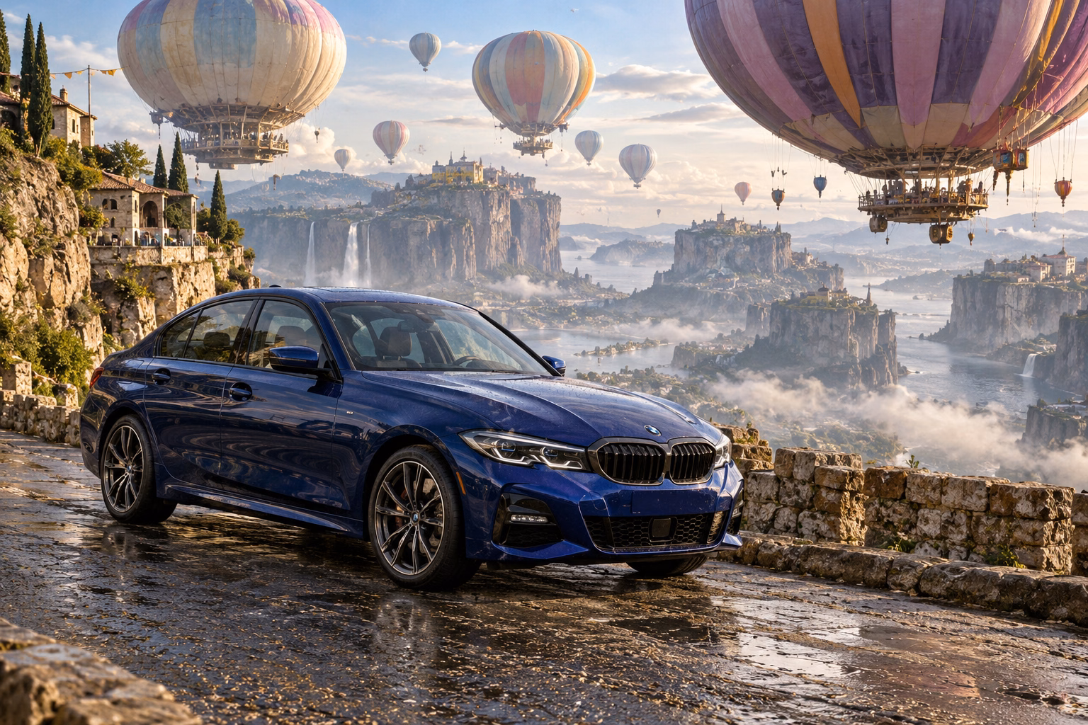 AI-generated indigo sports sedan in Balloonia. Enormous balloons float quietly above an impossible landscape.