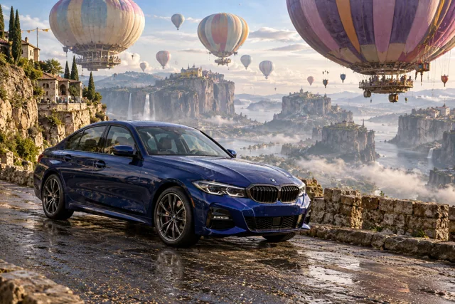 AI-generated indigo sports sedan in Balloonia. Enormous balloons float quietly above an impossible landscape.