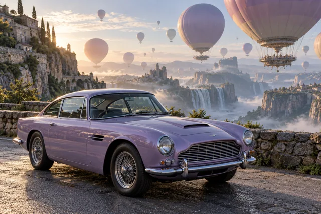 AI-generated lavender classic luxury coupe in Balloonia. Enormous balloons float quietly above an impossible landscape.