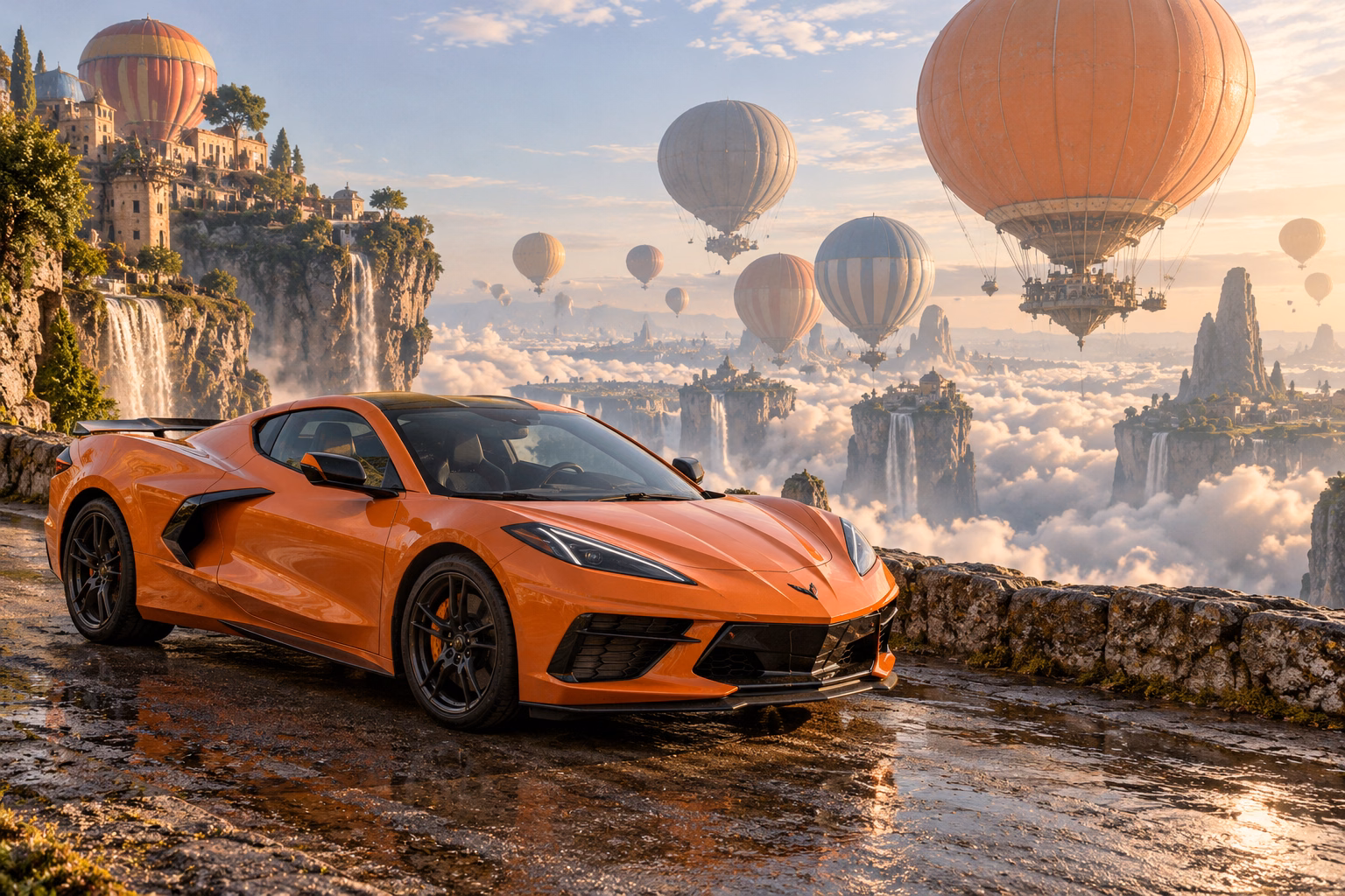 AI-generated orange mid-engine sports coupe in Balloonia. Enormous balloons float quietly above an impossible landscape.