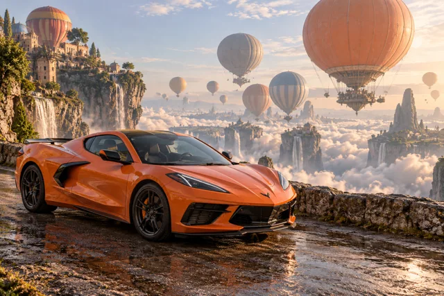 AI-generated orange mid-engine sports coupe in Balloonia. Enormous balloons float quietly above an impossible landscape.