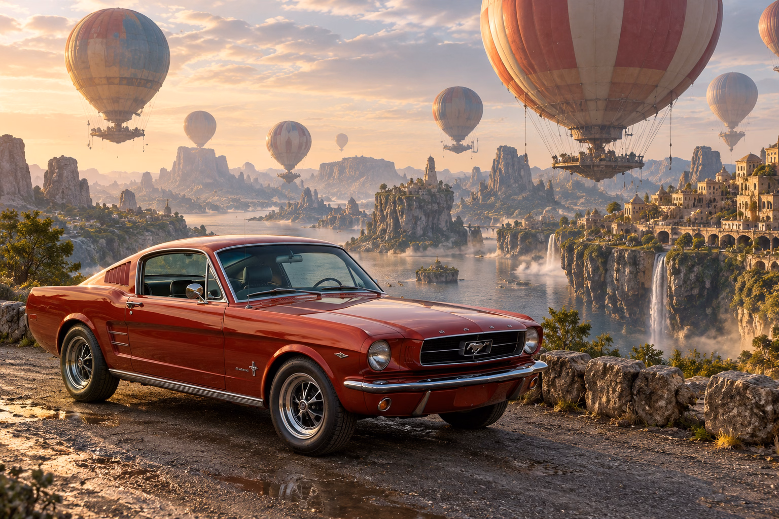 AI-generated red classic fastback in Balloonia. Enormous balloons float quietly above an impossible landscape.