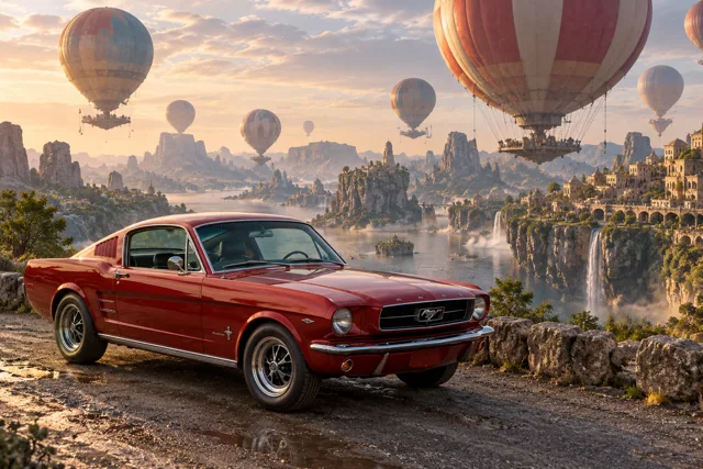 AI-generated red classic fastback in Balloonia. Enormous balloons float quietly above an impossible landscape.