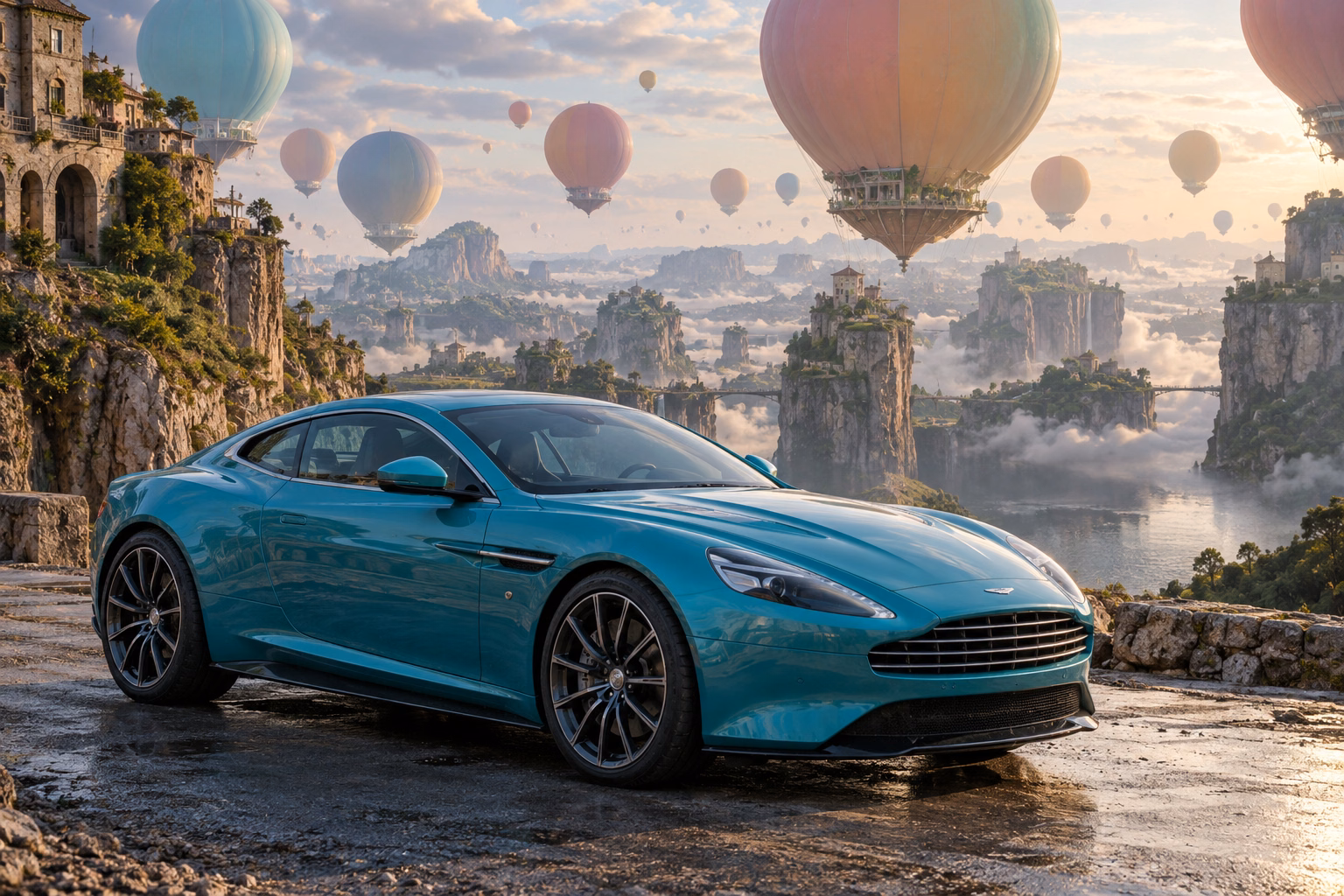 AI-generated turquoise performance touring coupe in Balloonia. Enormous balloons float quietly above an impossible landscape.