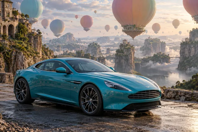 AI-generated turquoise performance touring coupe in Balloonia. Enormous balloons float quietly above an impossible landscape.