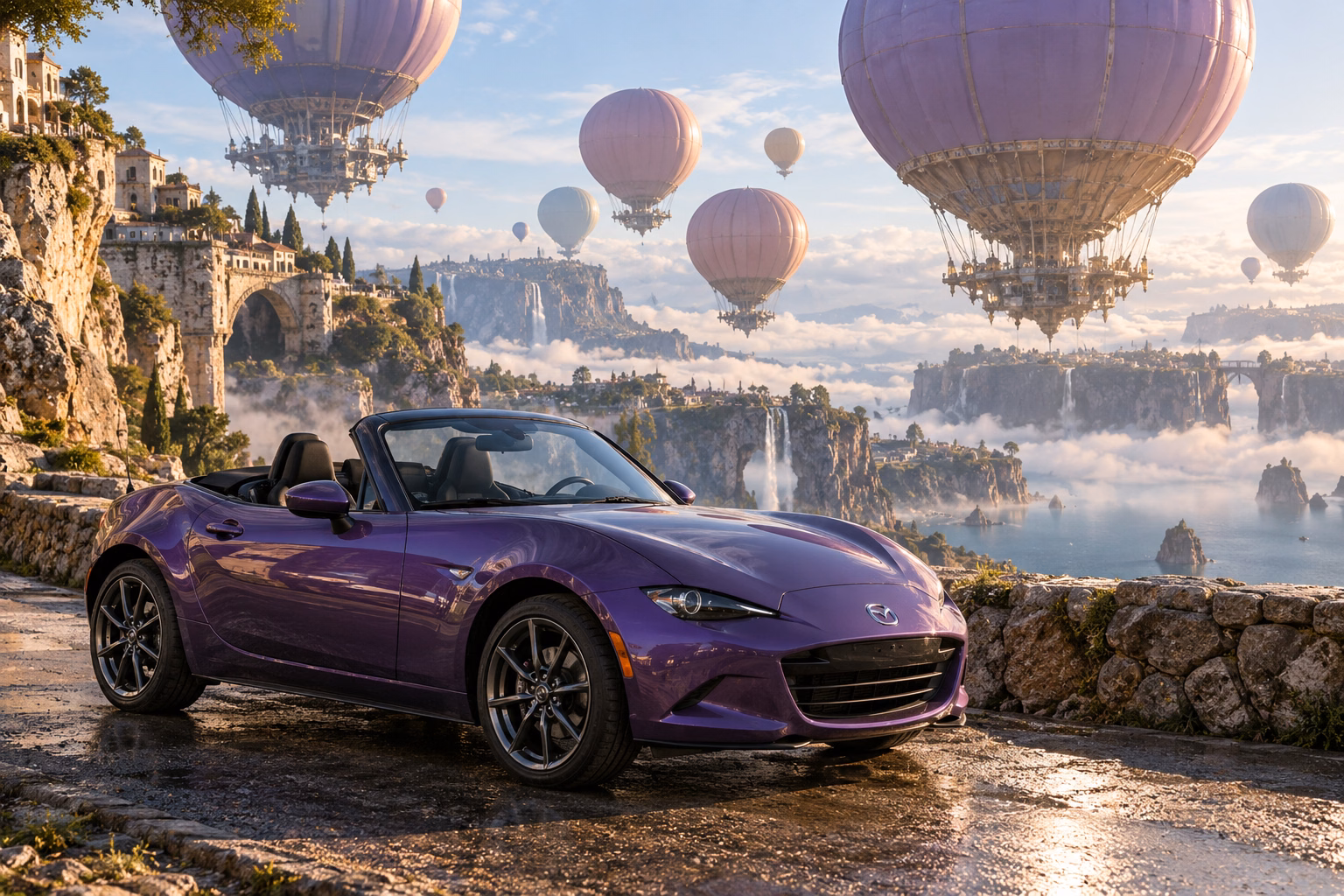 AI-generated violet open-top roadster in Balloonia. Enormous balloons float quietly above an impossible landscape.