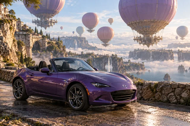 AI-generated violet open-top roadster in Balloonia. Enormous balloons float quietly above an impossible landscape.