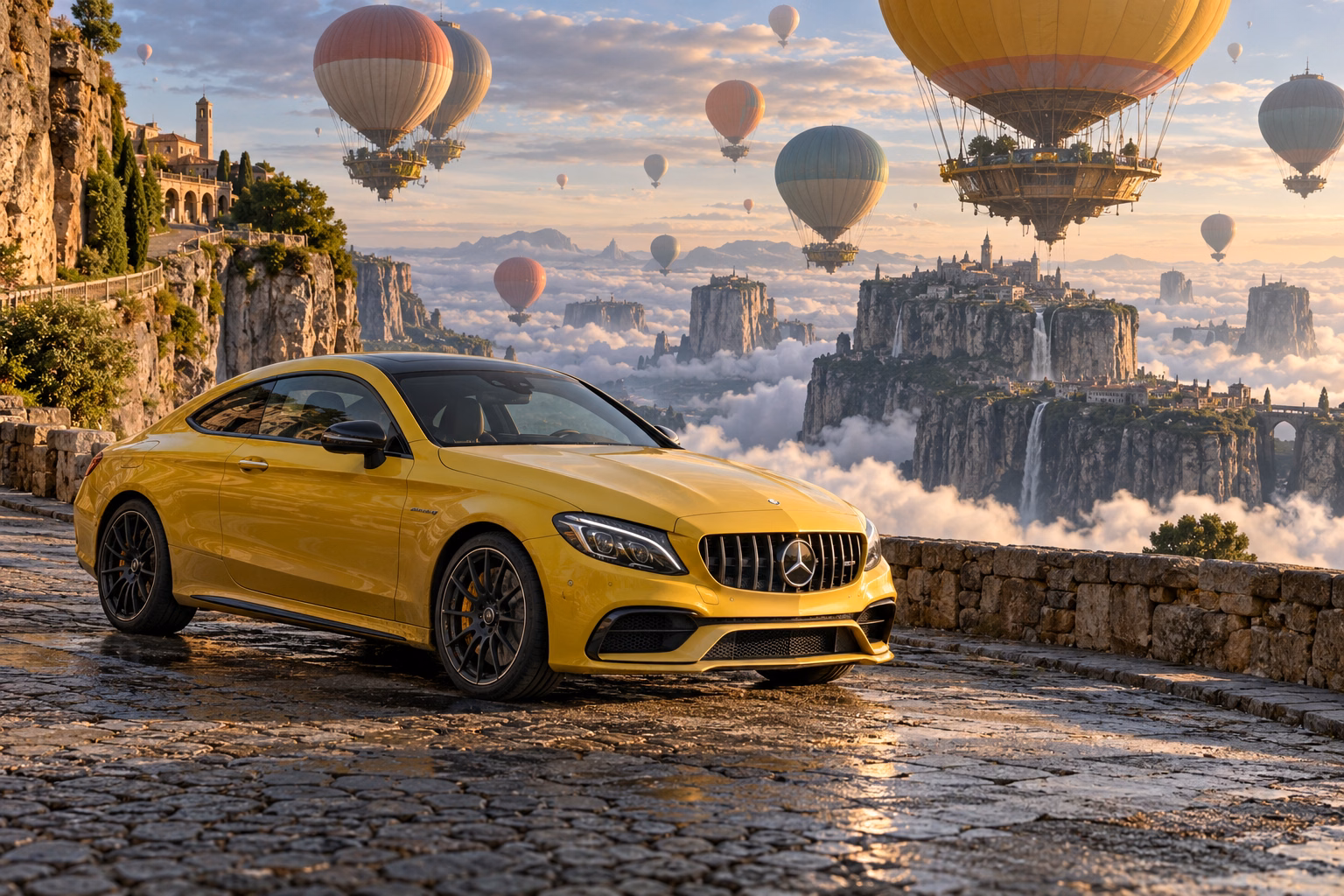AI-generated yellow performance coupe in Balloonia. Enormous balloons float quietly above an impossible landscape.