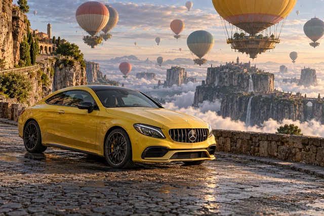 AI-generated yellow performance coupe in Balloonia. Enormous balloons float quietly above an impossible landscape.