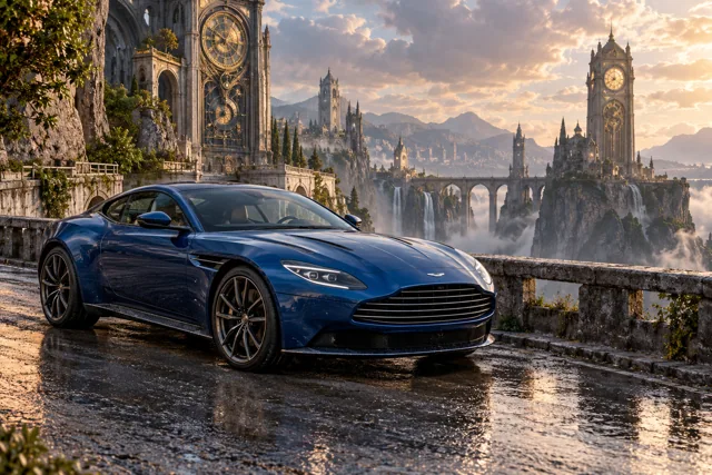 AI-generated blue grand touring coupe in Chronara. Old clock towers overlook roads that may lead to another time.