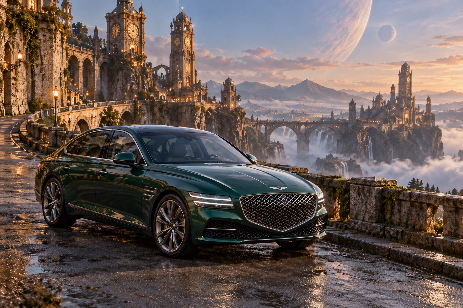 AI-generated green luxury sedan in Chronara. Old clock towers overlook roads that may lead to another time.