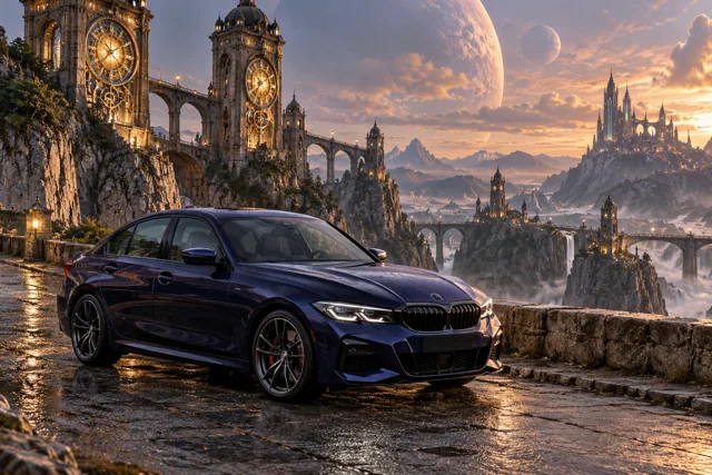 AI-generated indigo sports sedan in Chronara. Old clock towers overlook roads that may lead to another time.
