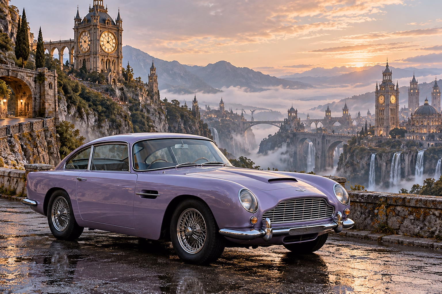 AI-generated lavender classic luxury coupe in Chronara. Old clock towers overlook roads that may lead to another time.