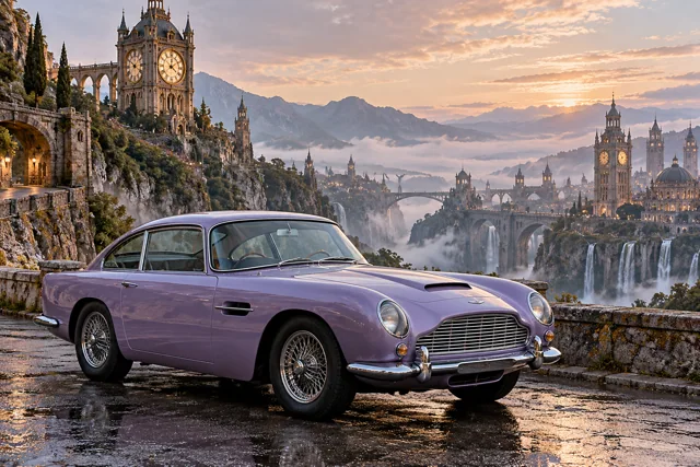 AI-generated lavender classic luxury coupe in Chronara. Old clock towers overlook roads that may lead to another time.