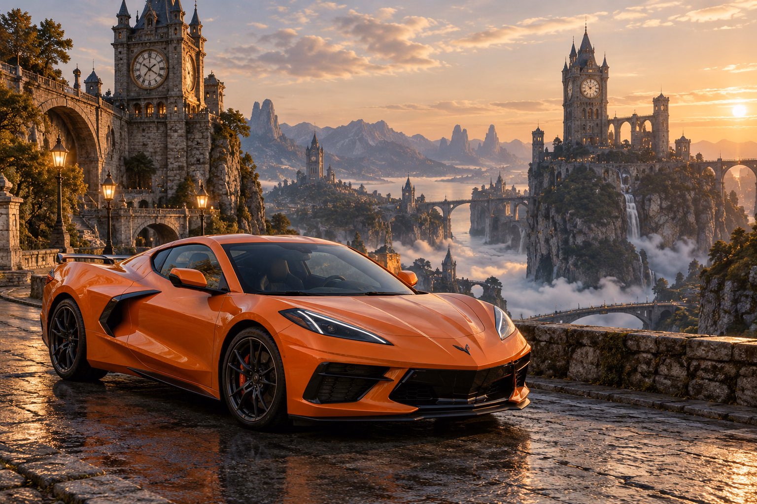 AI-generated orange mid-engine sports coupe in Chronara. Old clock towers overlook roads that may lead to another time.