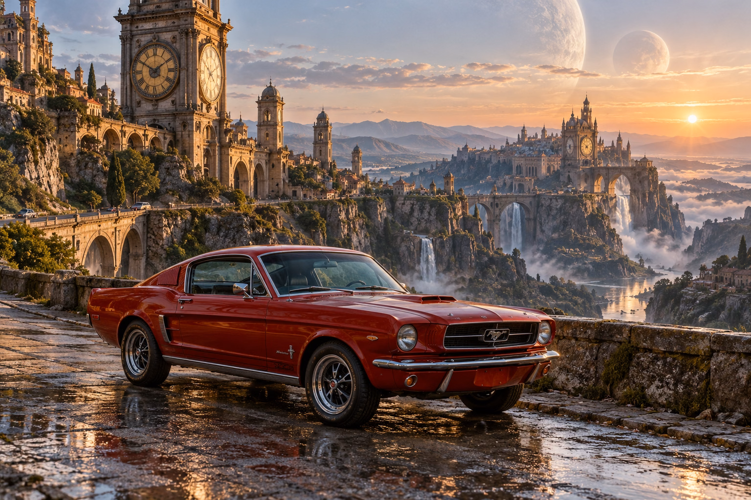 AI-generated red classic fastback in Chronara. Old clock towers overlook roads that may lead to another time.