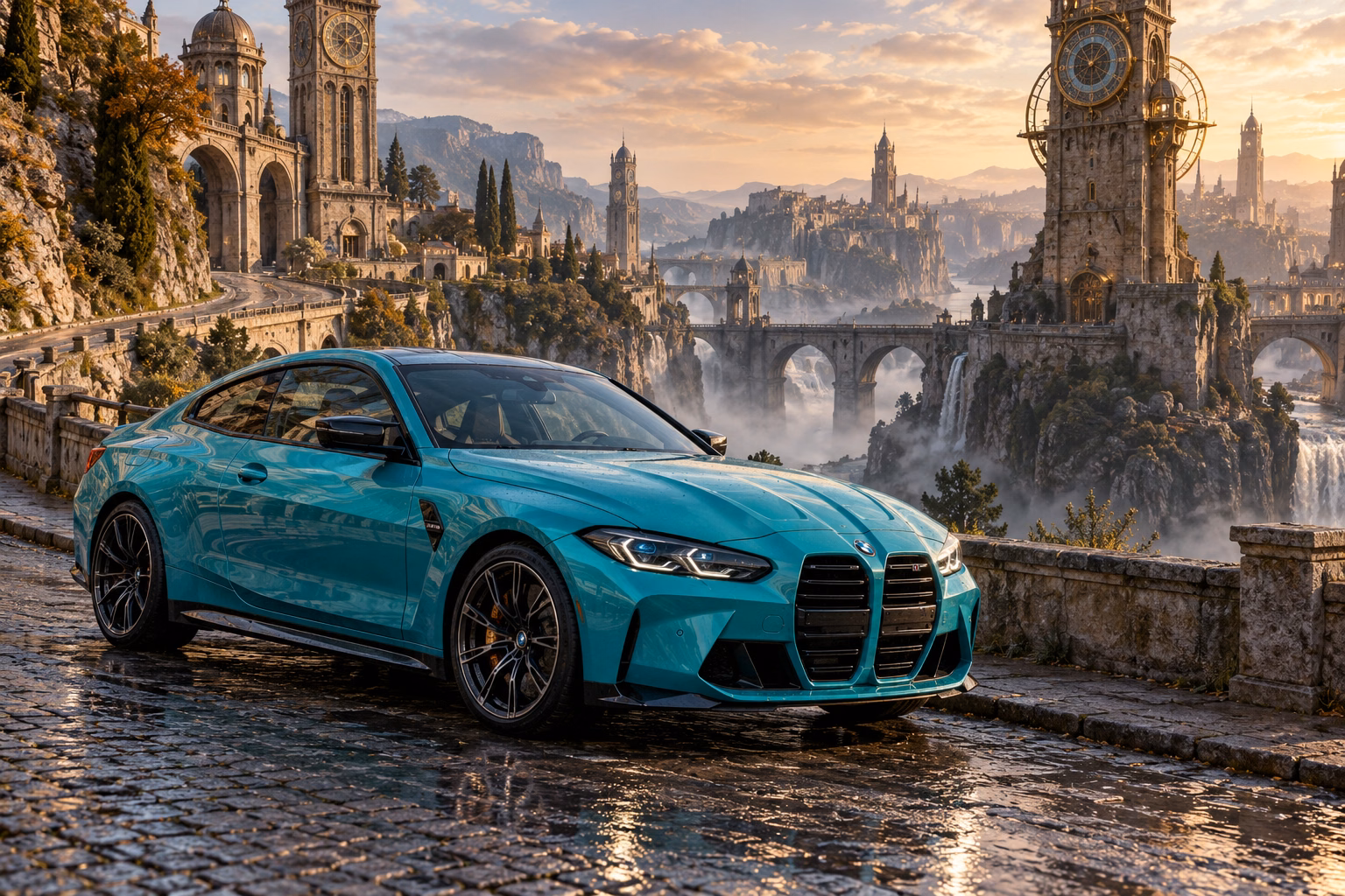 AI-generated turquoise performance touring coupe in Chronara. Old clock towers overlook roads that may lead to another time.