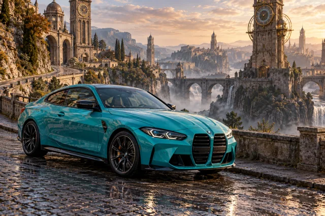 AI-generated turquoise performance touring coupe in Chronara. Old clock towers overlook roads that may lead to another time.
