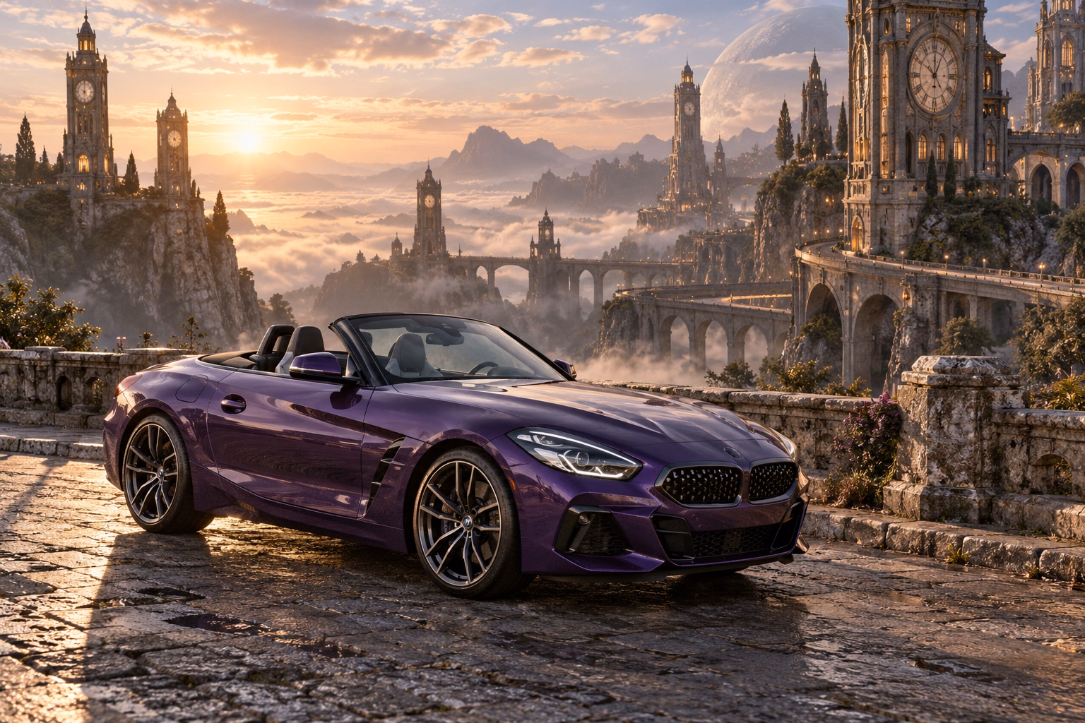 AI-generated violet open-top roadster in Chronara. Old clock towers overlook roads that may lead to another time.