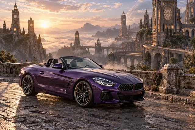 AI-generated violet open-top roadster in Chronara. Old clock towers overlook roads that may lead to another time.