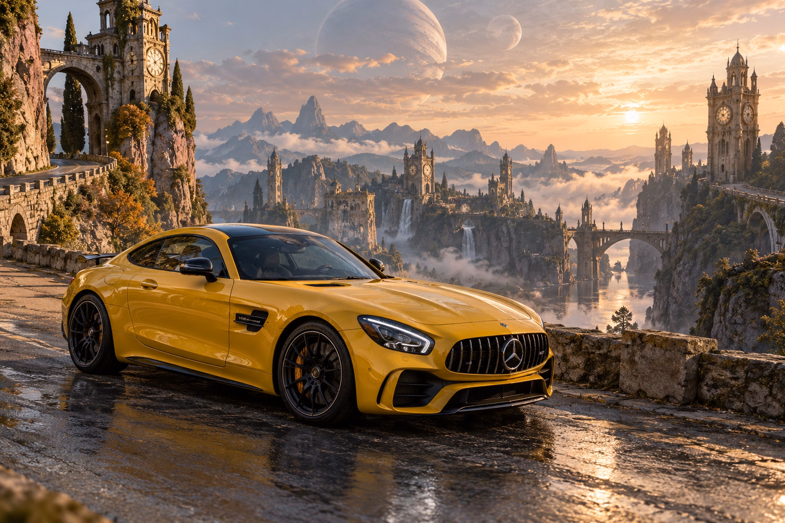 AI-generated yellow performance coupe in Chronara. Old clock towers overlook roads that may lead to another time.